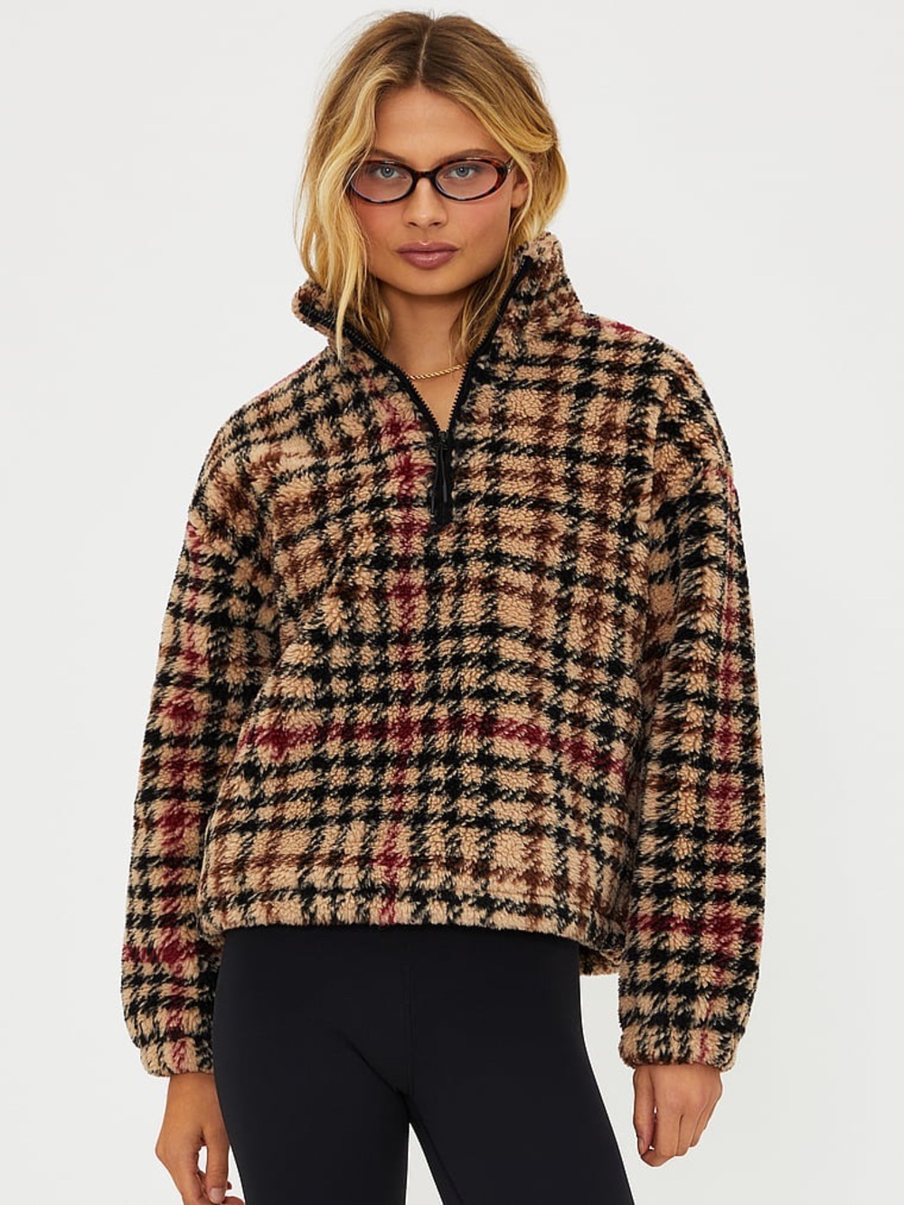Beach Riot Plaid Teddy Half-Zip Jacket - Beige, Black & Burgundy org . $189